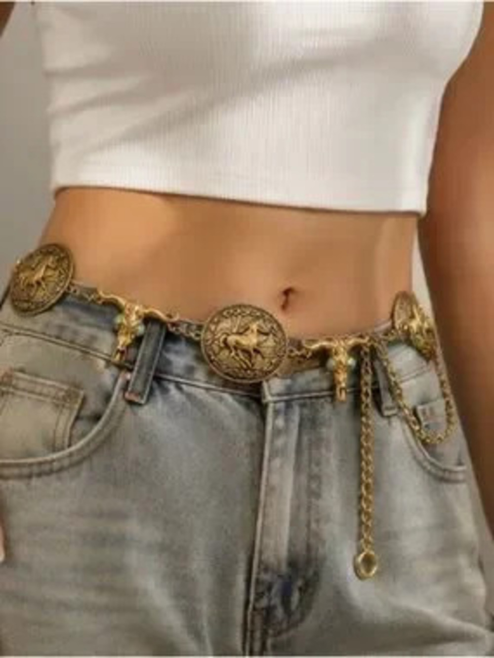 Vintage Western Longhorn Concho Chain Belt Antique Gold Cowgirl Waist Belt - Picture 2 of 5